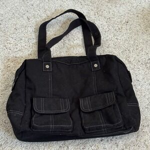 Thirty-One Black Canvas Tote Bag Striped Lining Shoulder Bag Durable Organized